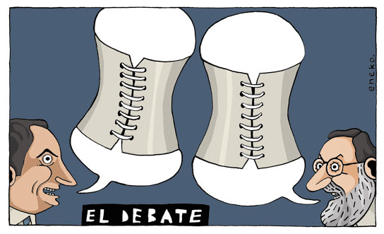Dos políticos tienen dos bocadillos y los bocadillos tienen corsé