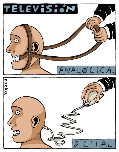TV analógica. Unas manos sostienen las riendas que controlan la cabeza de una persona. TV digial. Una mano sujeta el ratón que está enchufado a la cabeza de una persona