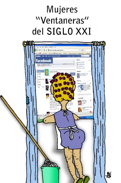 Señora con rulos asomada a ventana con Facebook de fondo