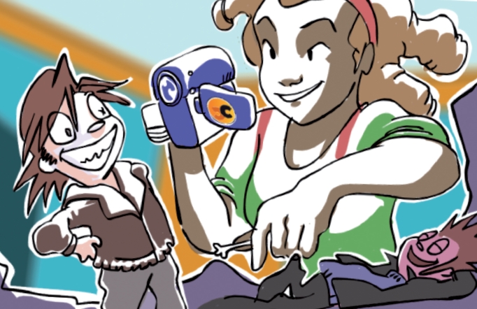 Chica grabando un corto con muñecos