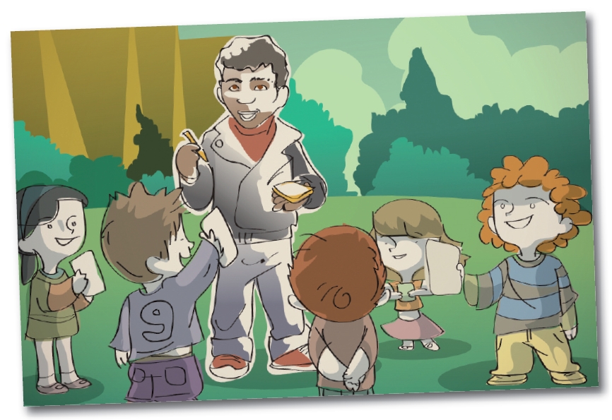 Cibercorresonsal en el campo rodeado de niños y niñas